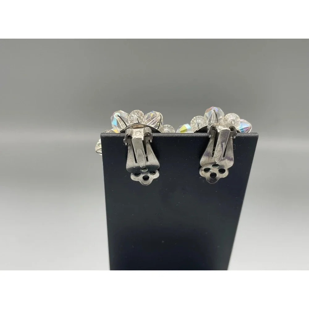 Sparkling Crystal Flower Clip On Earrings Aurora Borealis Rhinestone‎ Statement